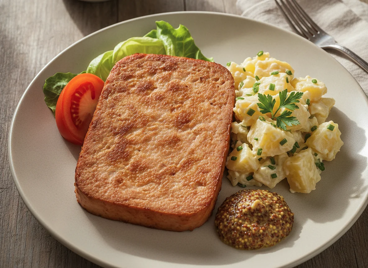 Fleischkäse mit Kartoffelsalat und Senf photo