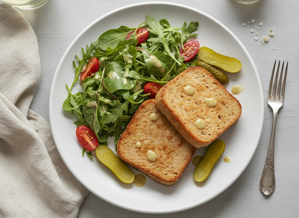 Fleischkäse mit Salat und Essiggurken photo