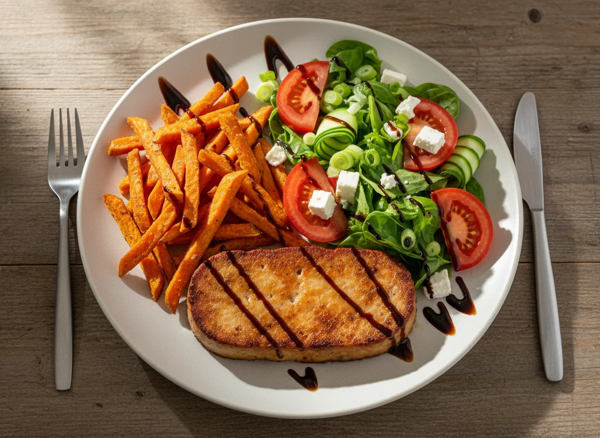 Fleischkäse mit Süßkartoffelpommes und Salat photo