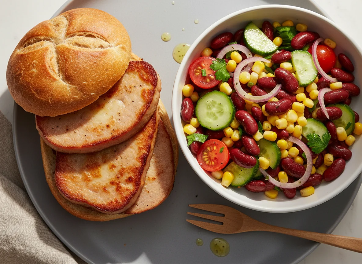 Fleischkäsebrötchen mit Bohnen-Mais-Salat photo