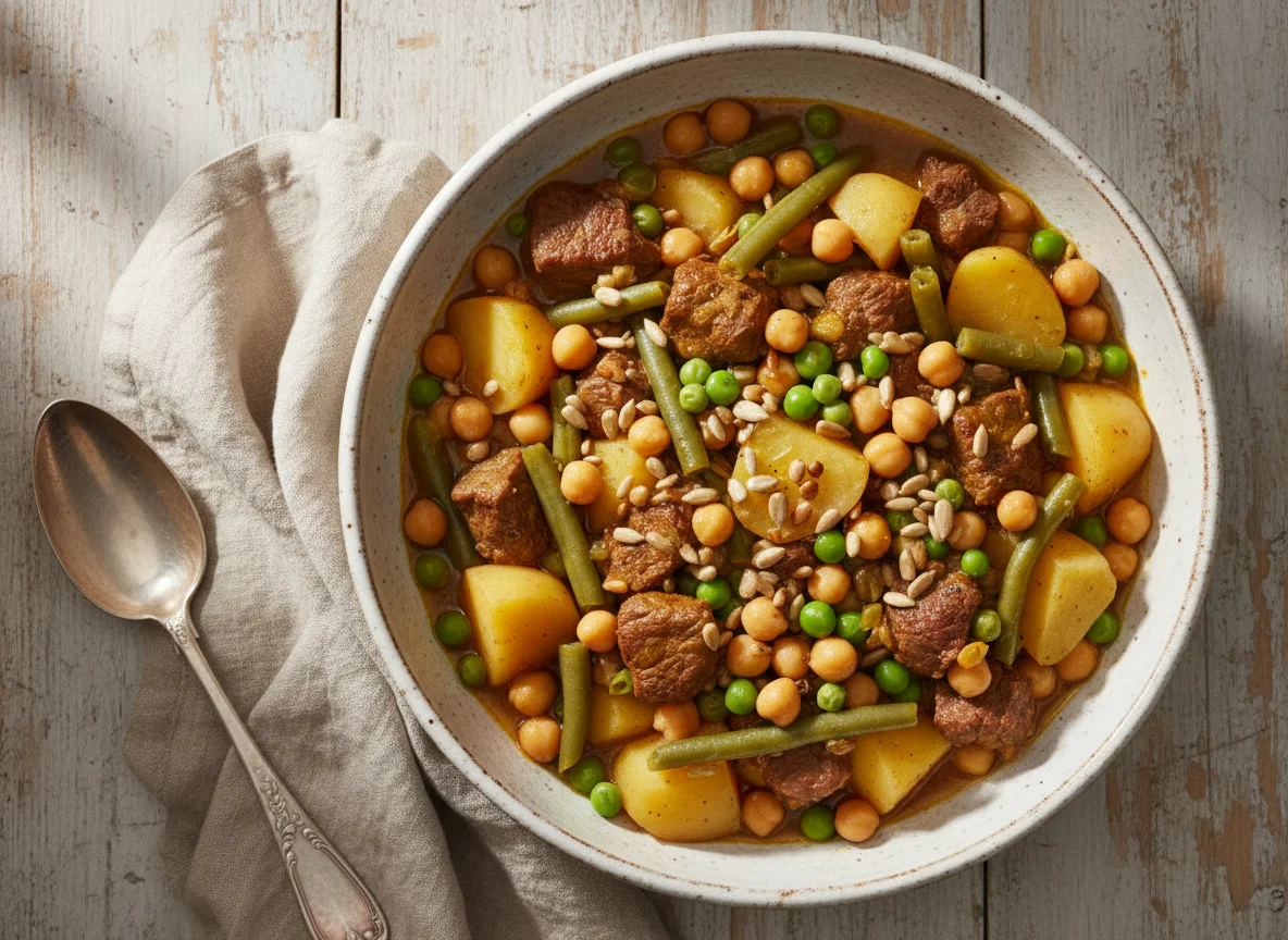 Fleisch-Kichererbsen-Eintopf mit Kartoffeln und Gemüse photo