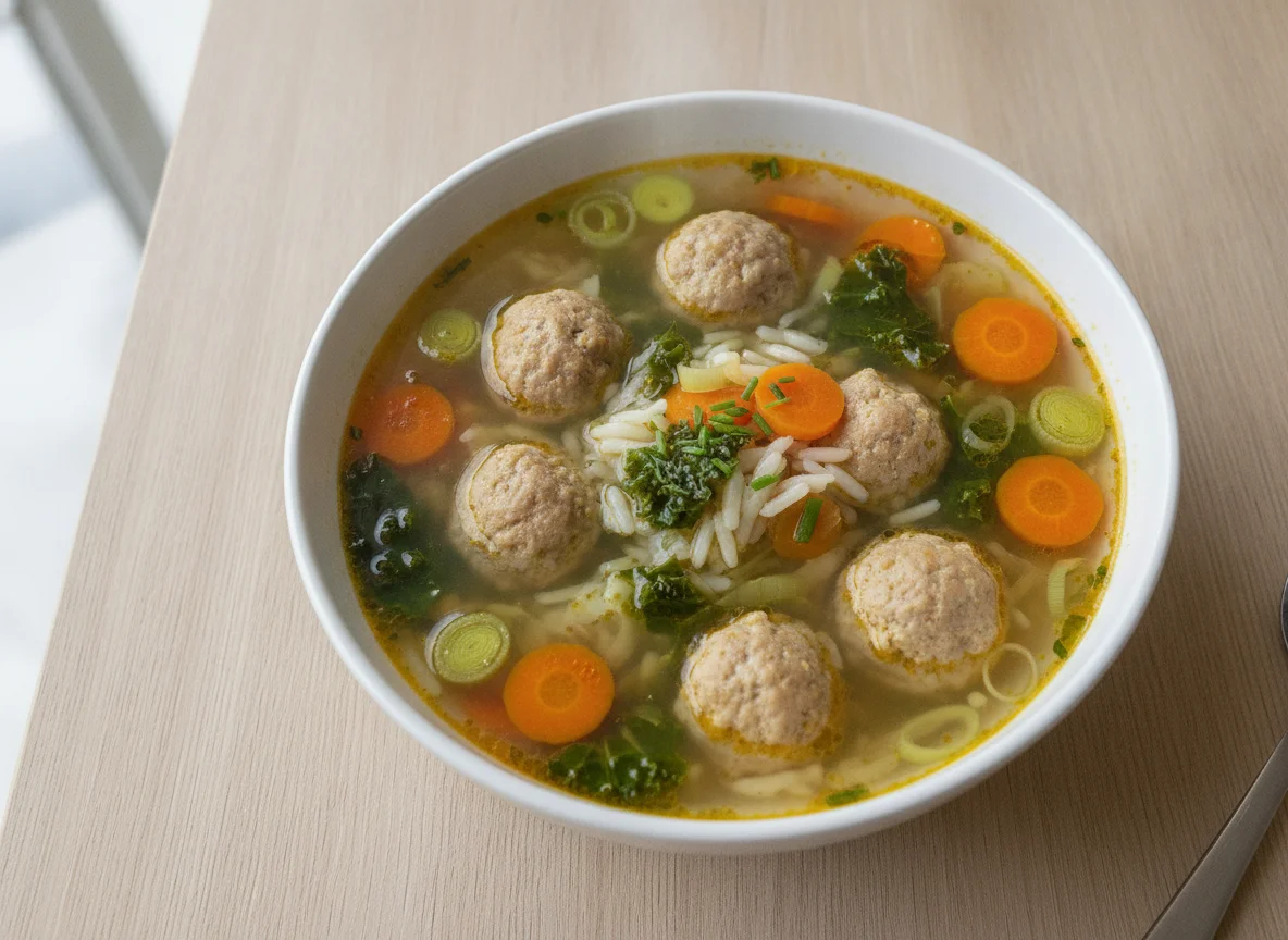 Fleischklößchensuppe mit Reis und Gemüse photo
