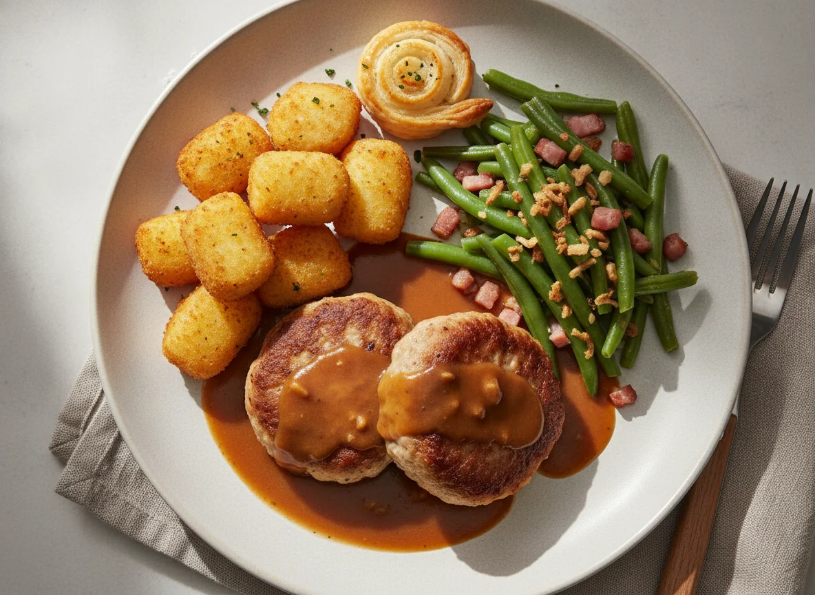 Fleischküchlein mit grünen Bohnen und Kroketten photo