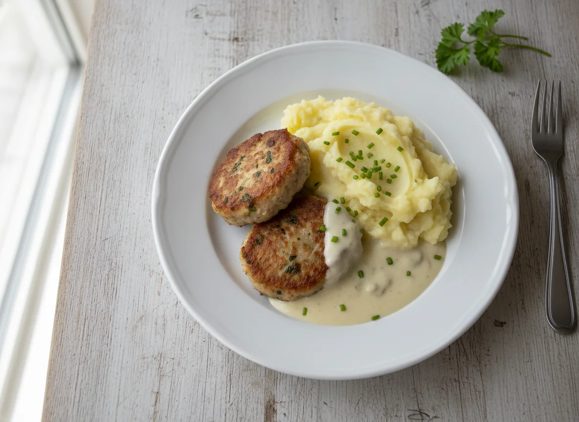 Fleischlaibchen mit Erdäpfelpüree und Rahmsauce photo
