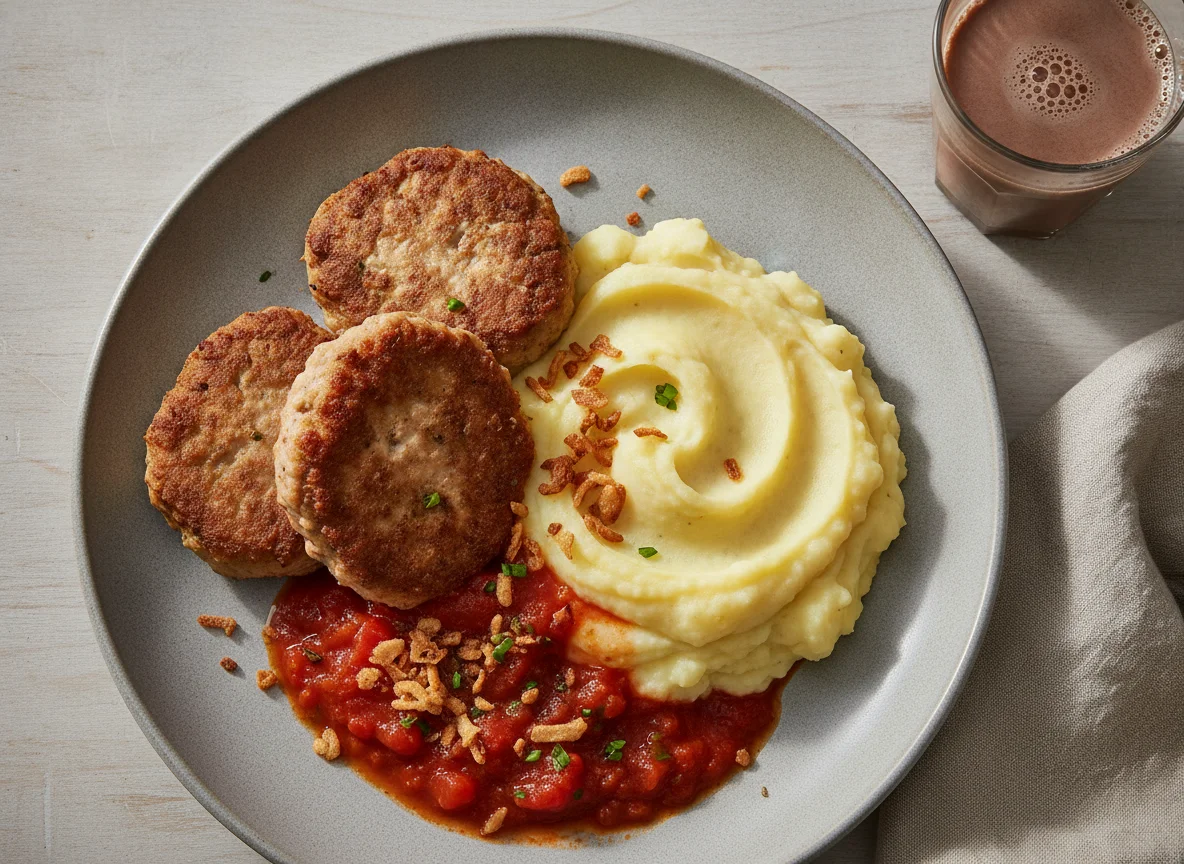 Fleischlaibchen mit Erdäpfelpüree und Tomatensauce photo