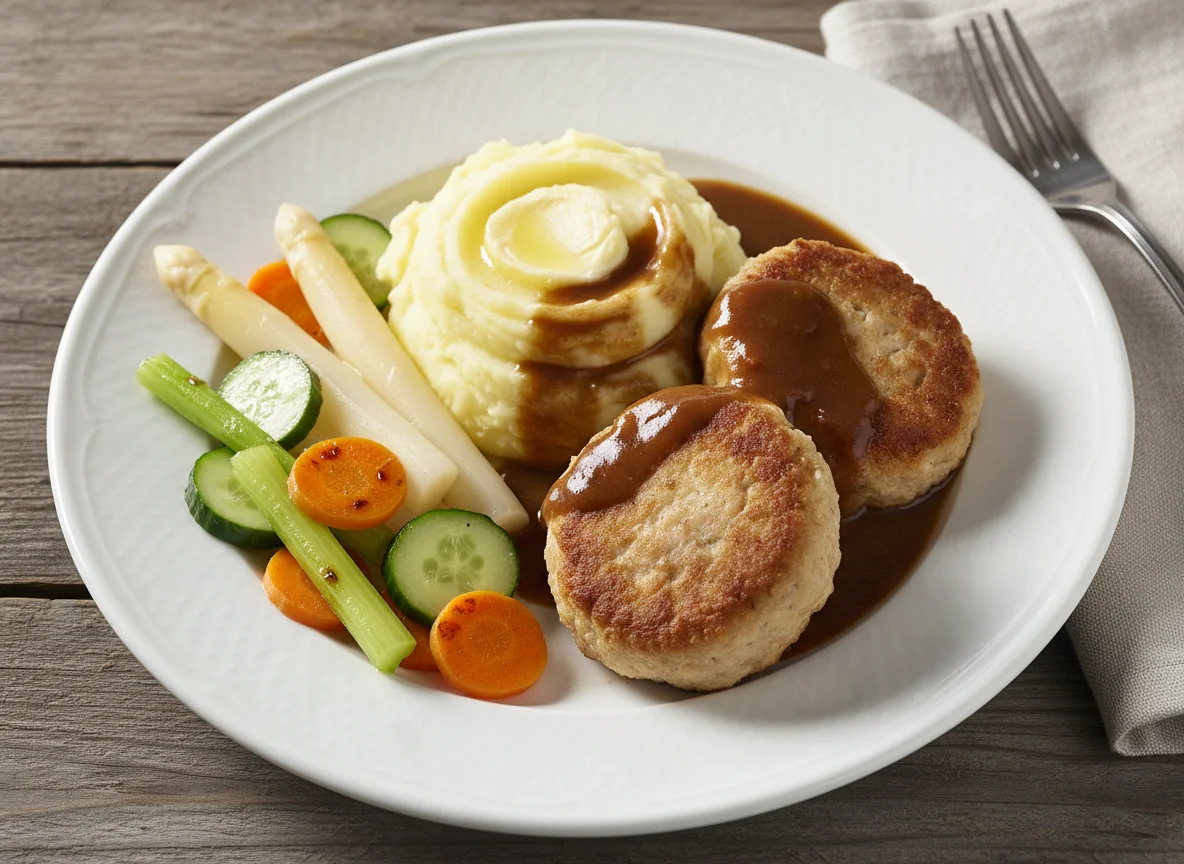 Fleischlaibchen mit Kartoffelpüree, Sauce und Gemüse photo