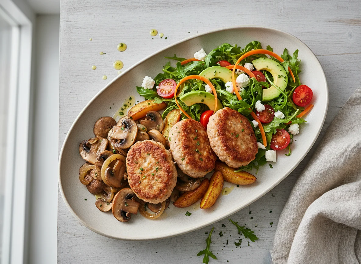 Fleischlaibchen mit Pilzgemüse und Salat photo