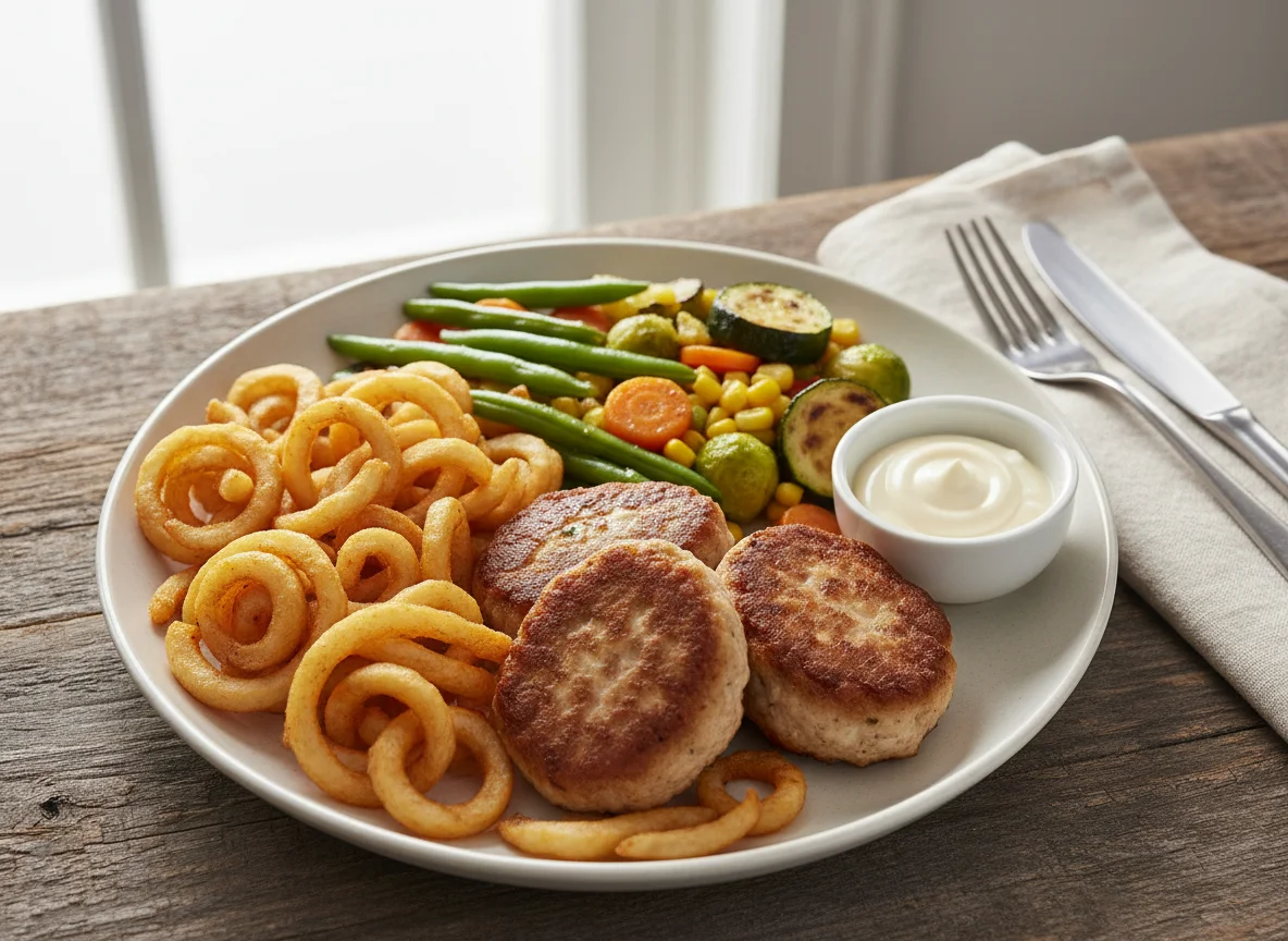Fleischpflanzerl mit Gemüse und Curly Fries photo