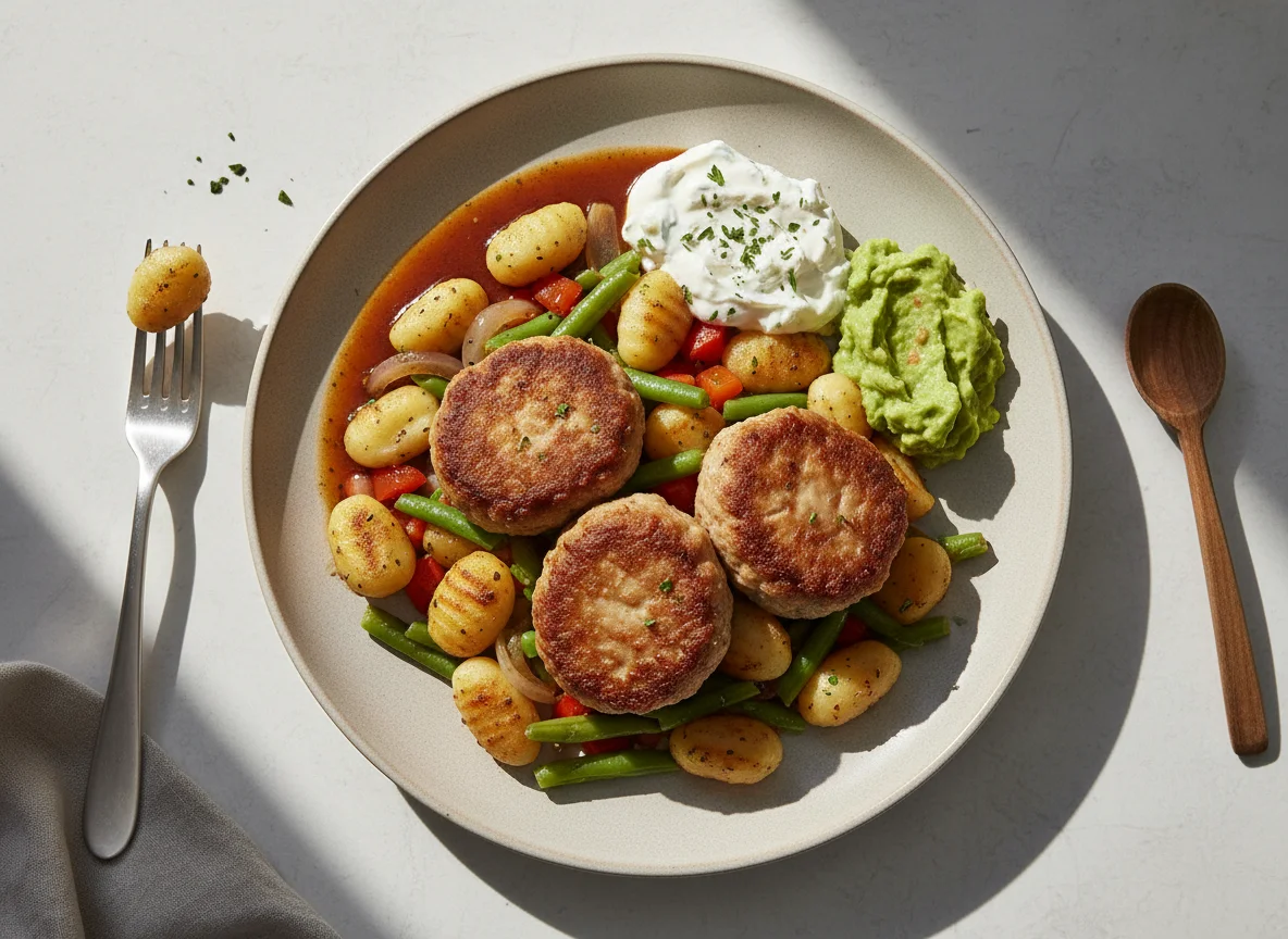 Fleischpflanzerl mit Gnocchi-Gemüse und Frischkäse photo
