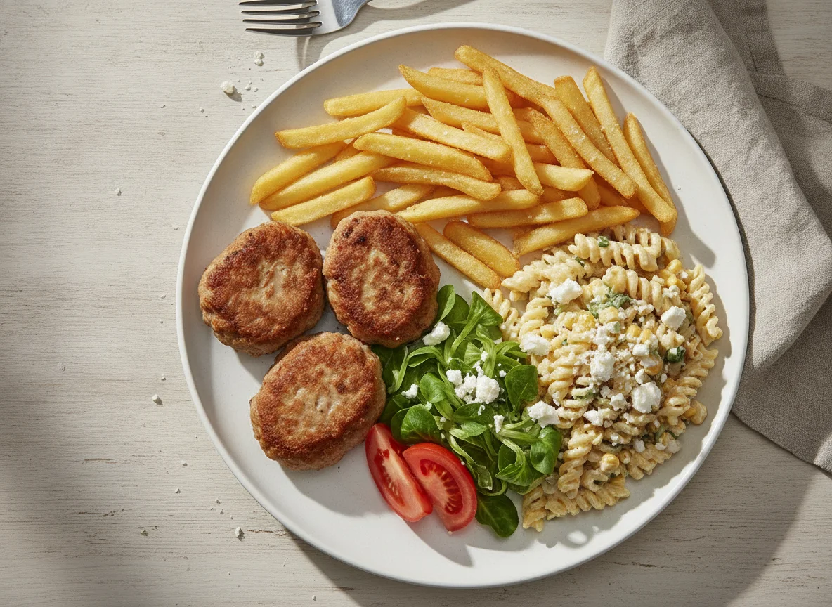 Fleischpflanzerl mit Pommes und Nudelsalat photo