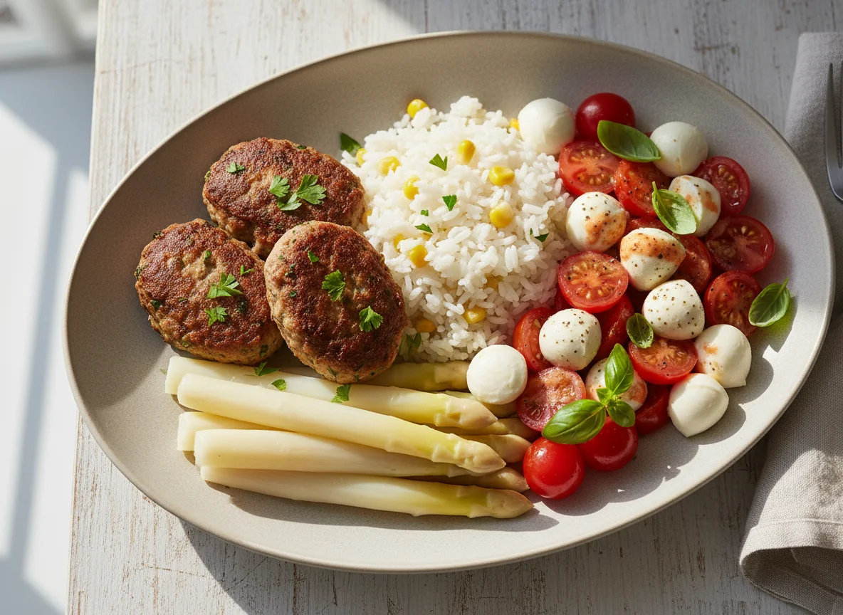 Fleischpflanzerl mit Reis, Mais, Spargel und Tomaten-Mozzarella-Salat photo