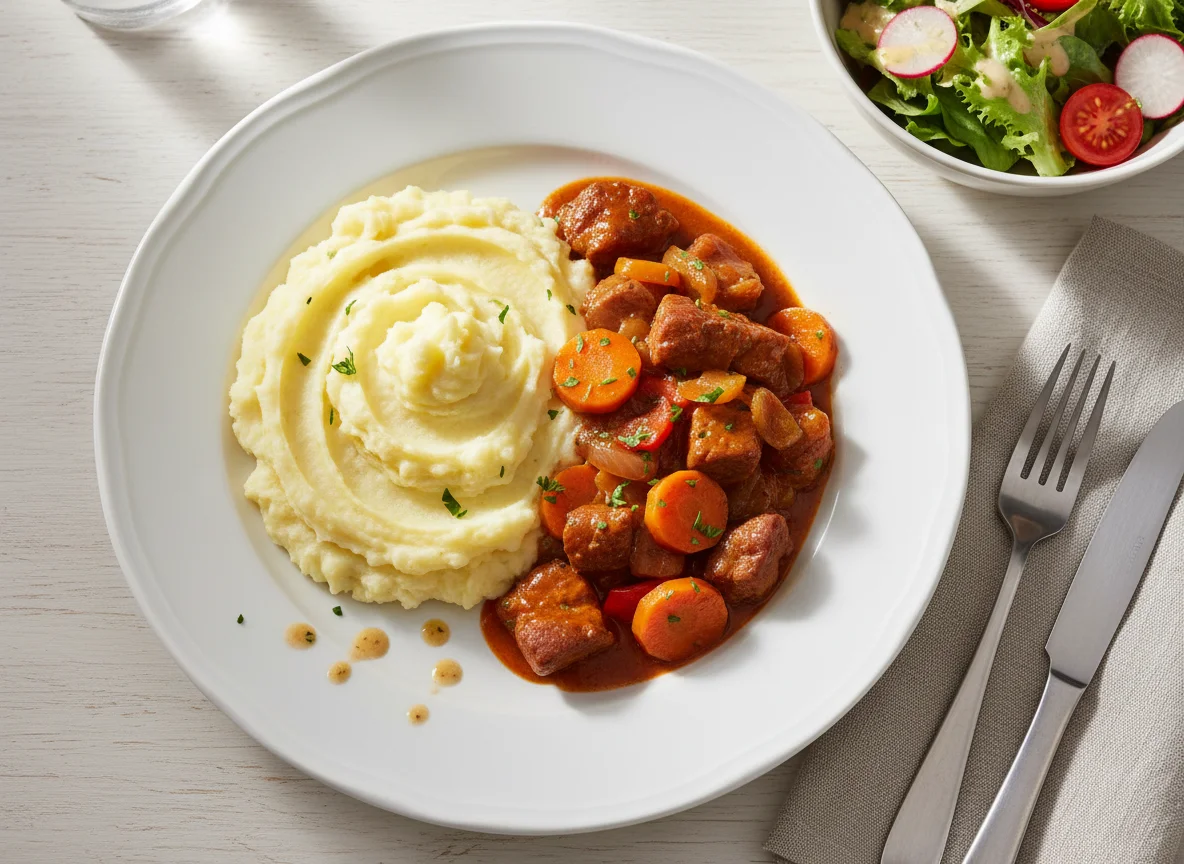 Fleischragout mit Kartoffelpüree und Salat photo