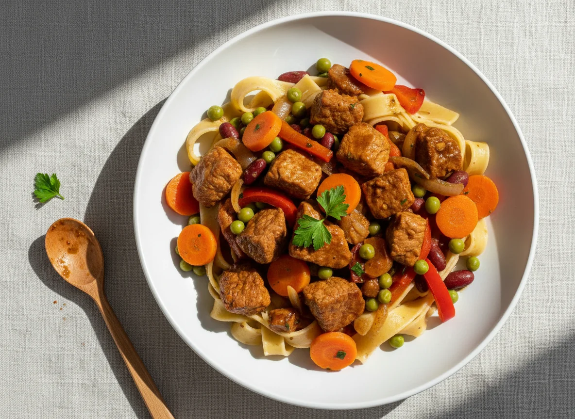 Fleischragout mit Nudeln und Gemüse photo