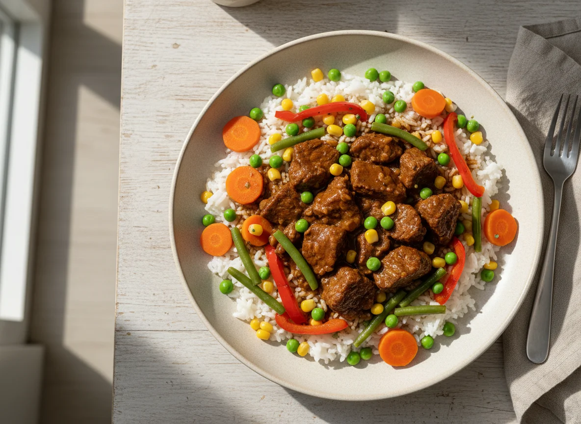 Fleischragout mit Reis und Gemüse photo