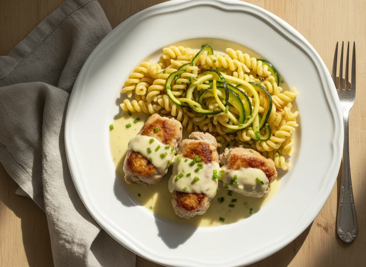 Fleischröllchen mit Nudeln und Zucchini photo