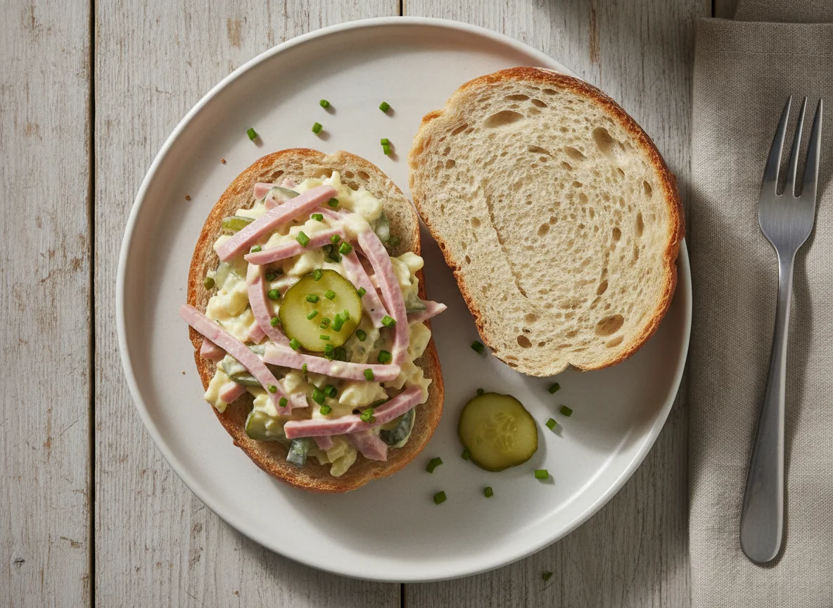 Fleischsalat auf Brötchenhälfte photo