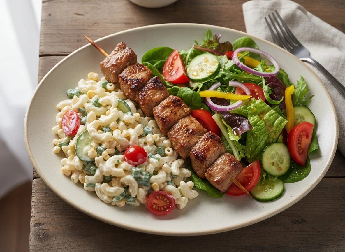 Fleischspieß mit Nudelsalat und gemischtem Salat photo