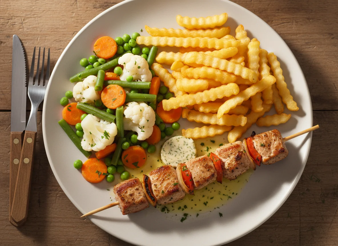 Fleischspiess mit Pommes Frites und Gemüse photo