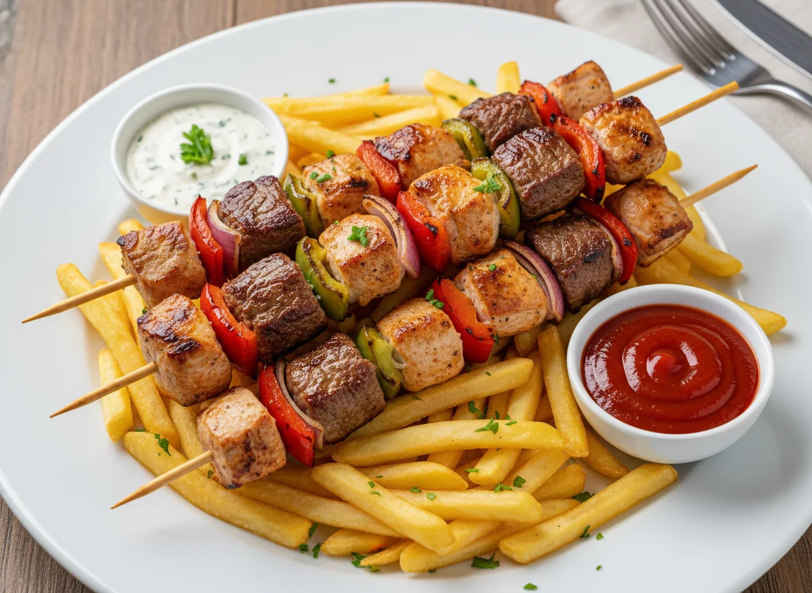 Fleischspieß mit Pommes Frites und Saucen photo
