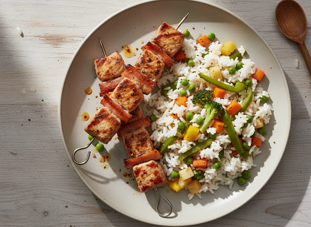 Fleischspieß mit Reis und Gemüse photo