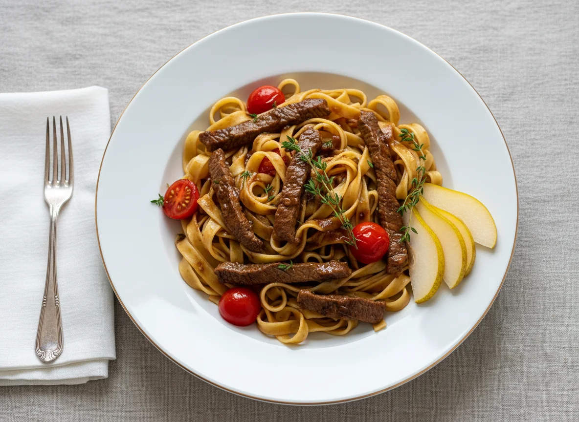 Fleischstreifen mit Bandnudeln und Soße photo