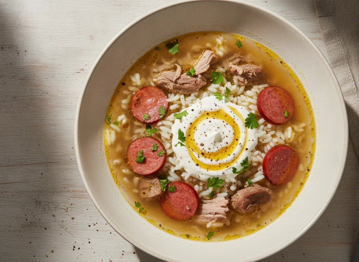 Fleischsuppe mit Wurst und Reis photo