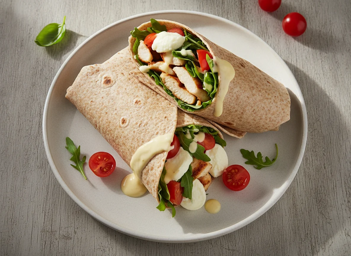 Fleisch-Wrap mit Rucola, Tomaten und Käse photo