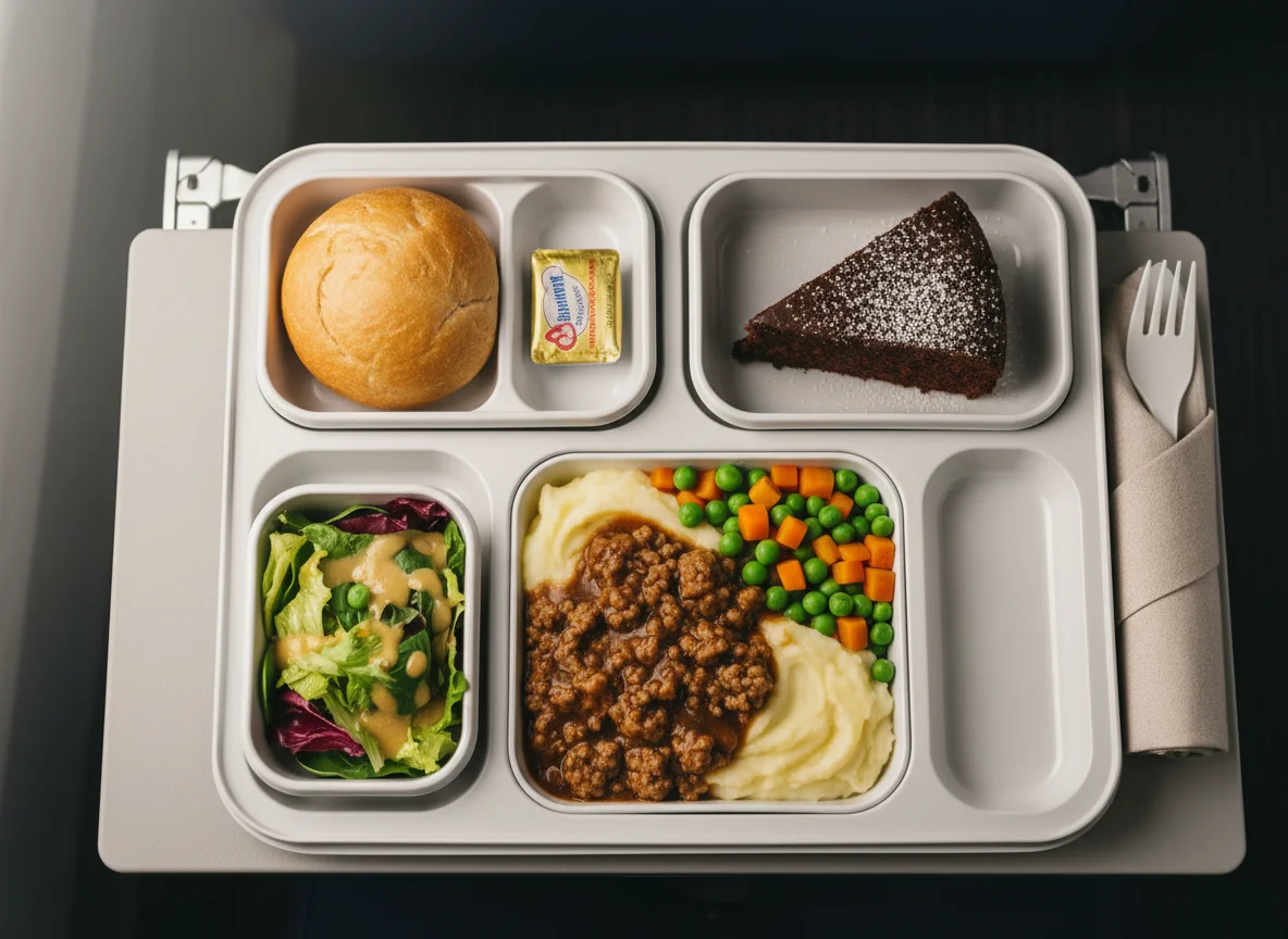 Flugzeugessen mit Hackfleisch, Kartoffelpüree und Gemüse photo