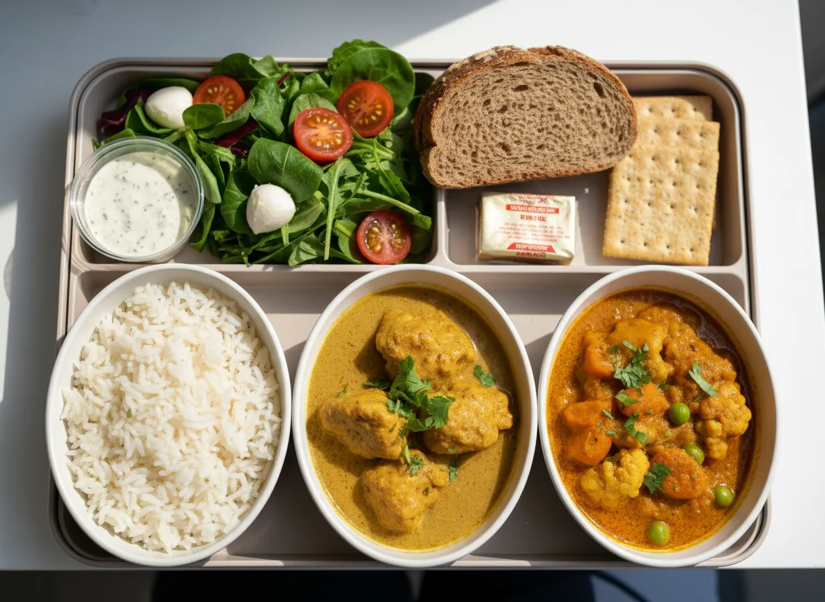Flugzeugmahlzeit mit Curry, Reis und Salat photo
