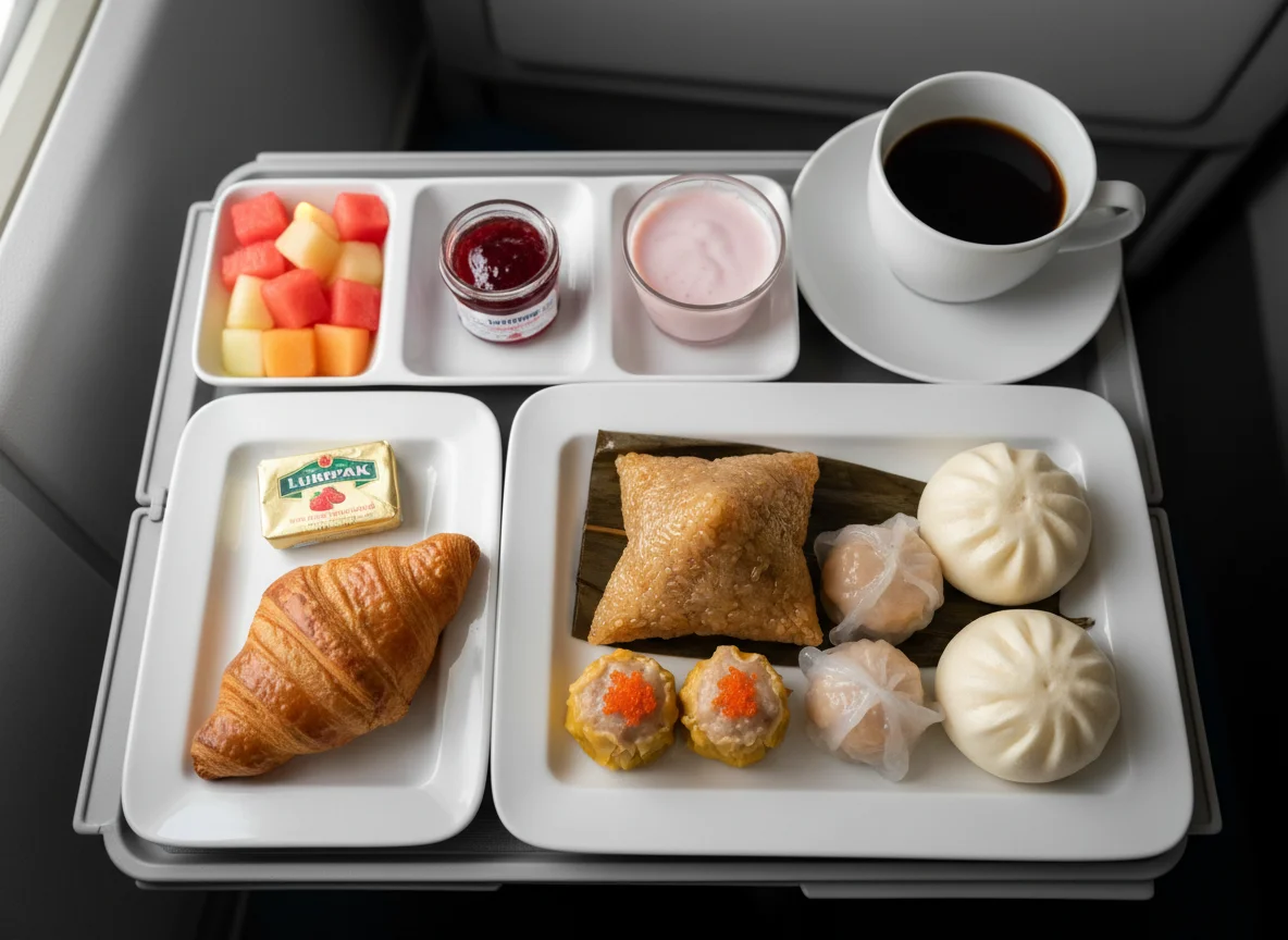 Flugzeugmahlzeit mit Dim Sum und Frühstücksbeilagen photo