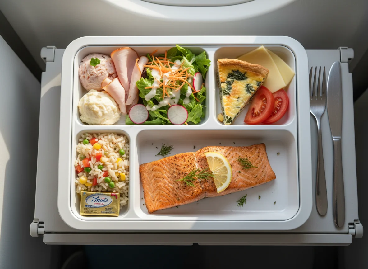 Flugzeugmahlzeit mit Fisch, Fleisch und Beilagen photo