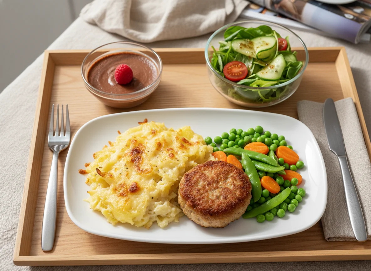Flugzeugmahlzeit mit Frikadelle und Kartoffelgratin photo