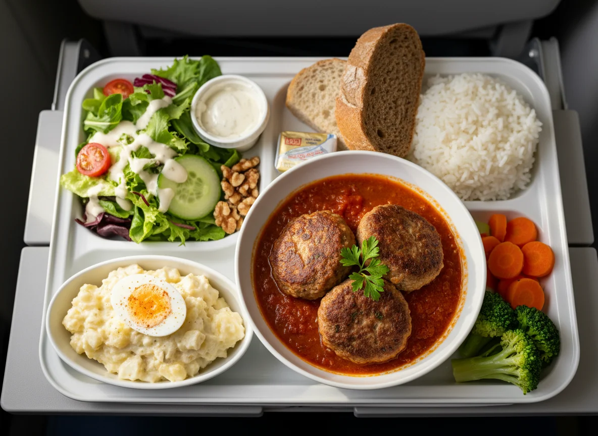 Flugzeugmahlzeit mit Frikadellen, Reis und Beilagen photo