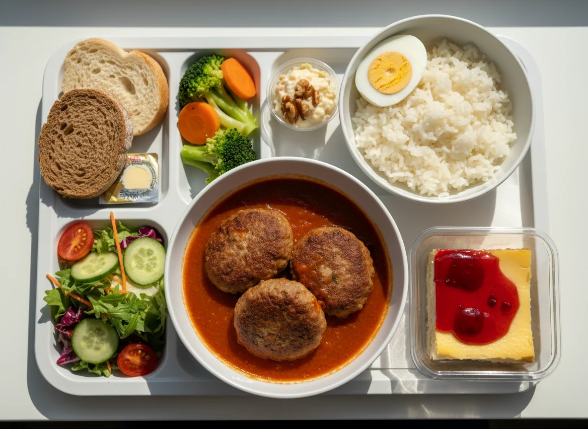 Flugzeugmahlzeit mit Frikadellen und Reis photo