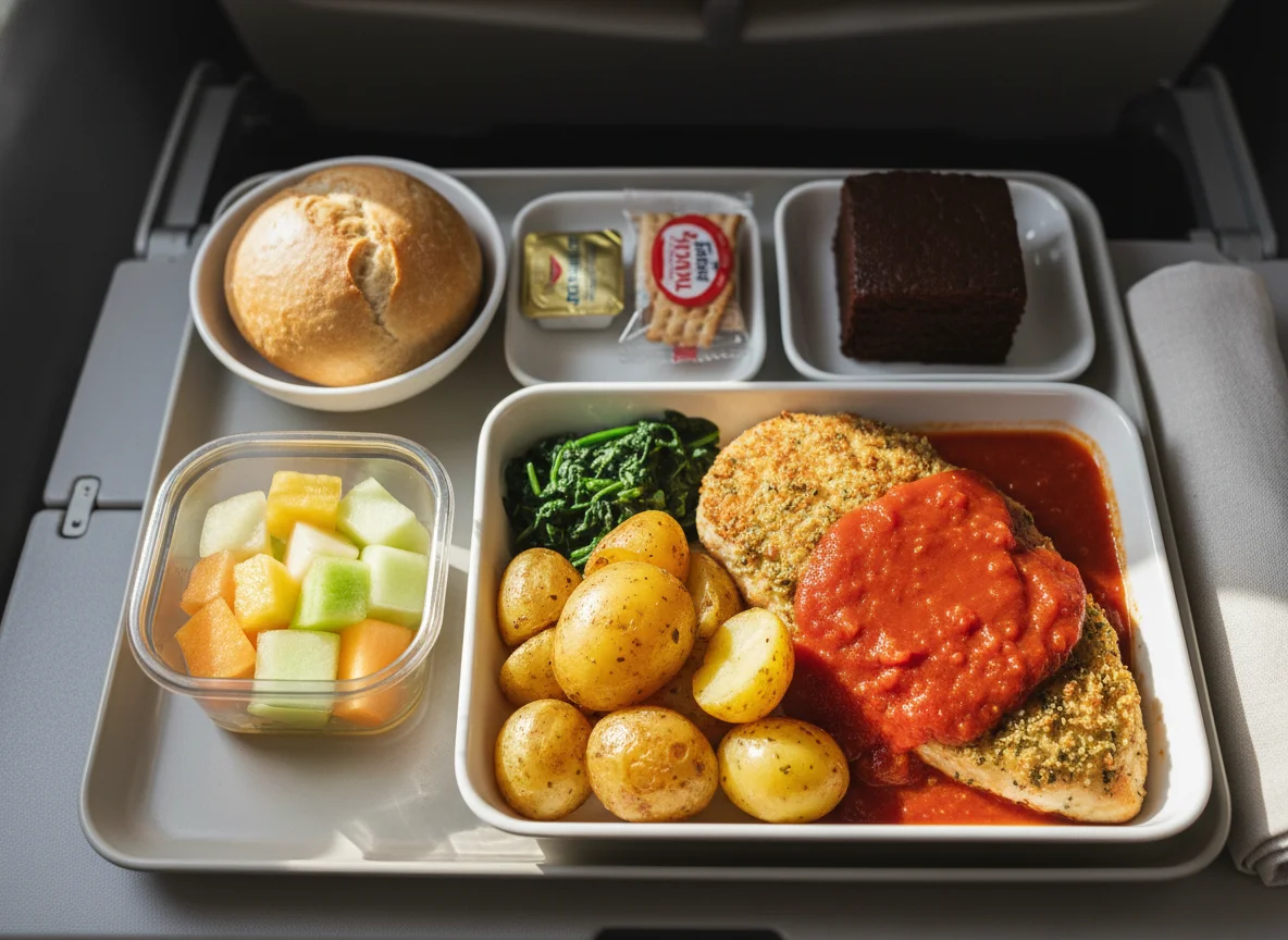 Flugzeugmahlzeit mit Hähnchen und Kartoffeln photo