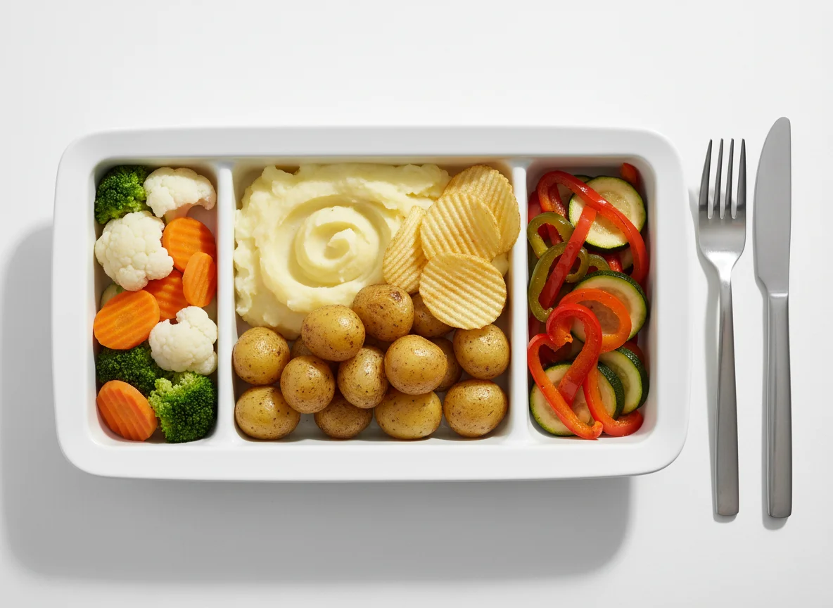 Flugzeugmahlzeit mit Kartoffeln und Gemüse photo