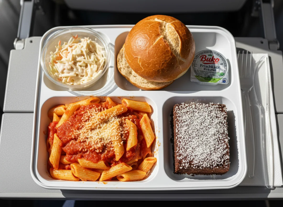 Flugzeugmahlzeit mit Pasta und Beilagen photo