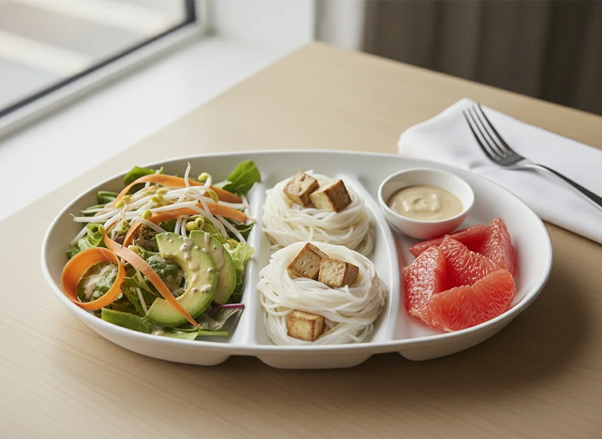 Flugzeugmahlzeit mit Salat, Tofu und Grapefruit photo