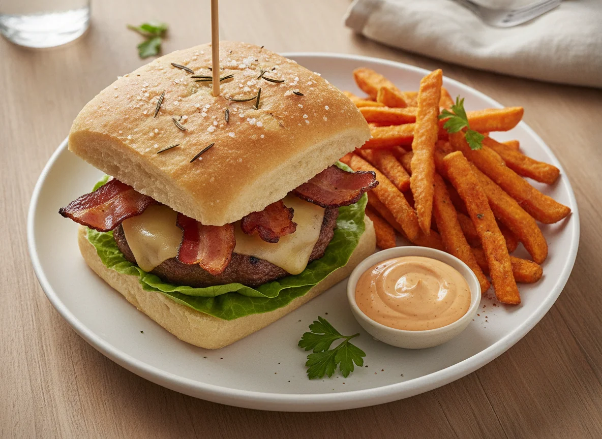 Focaccia Burger mit Süßkartoffelpommes photo