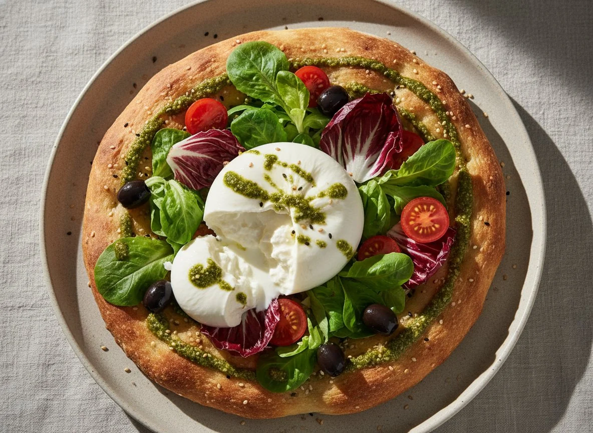 Focaccia mit Burrata und Salat photo