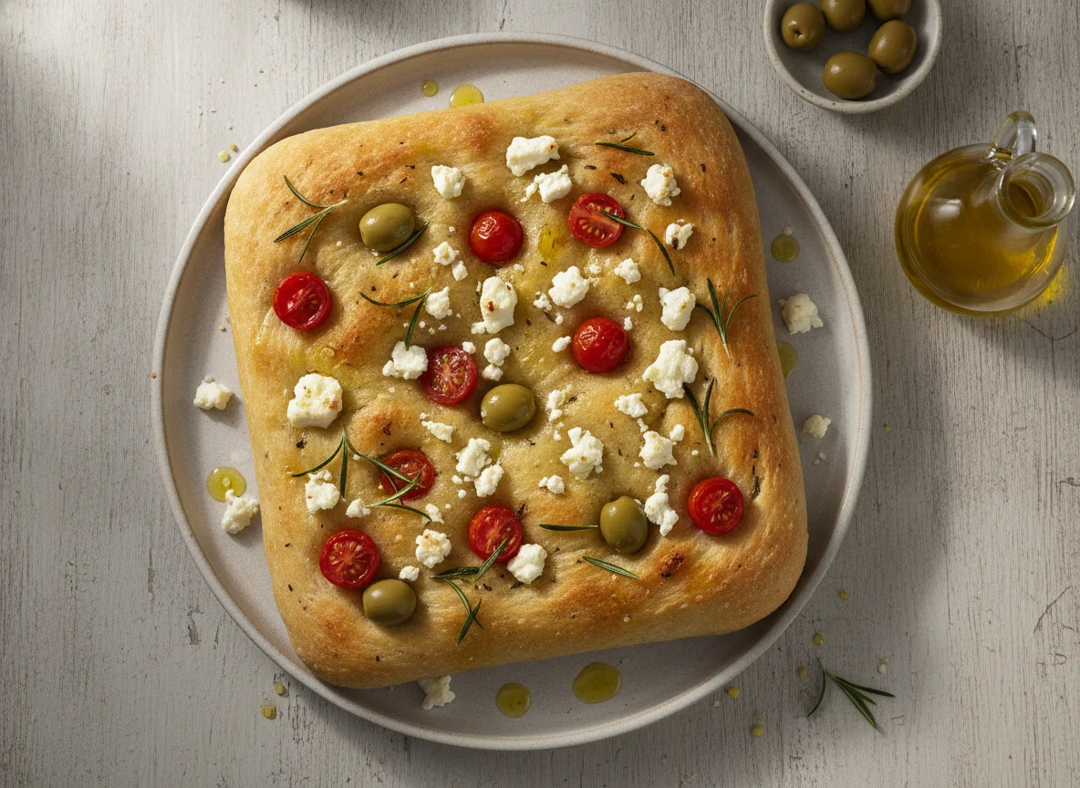 Focaccia mit Feta, Oliven, Rosmarin und Tomaten photo