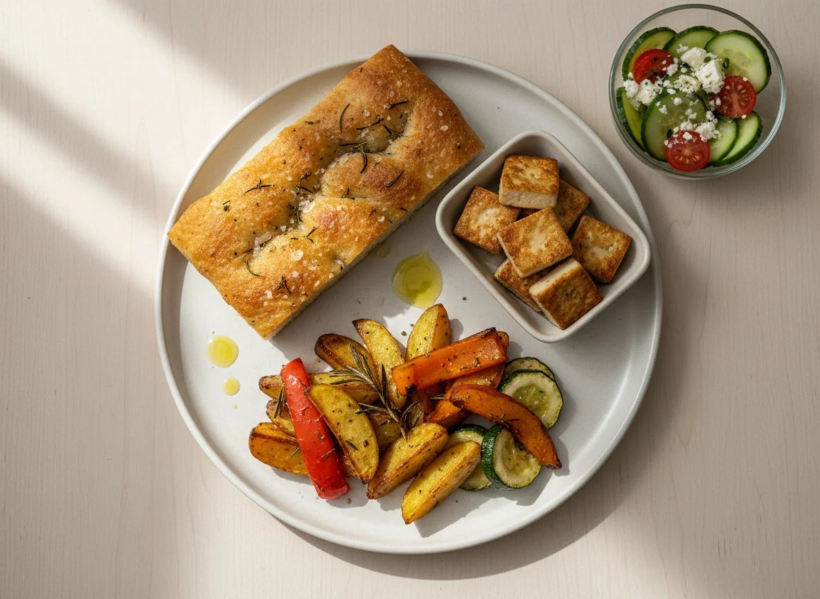 Focaccia mit gebratenem Tofu, Ofengemüse und Gurkensalat photo