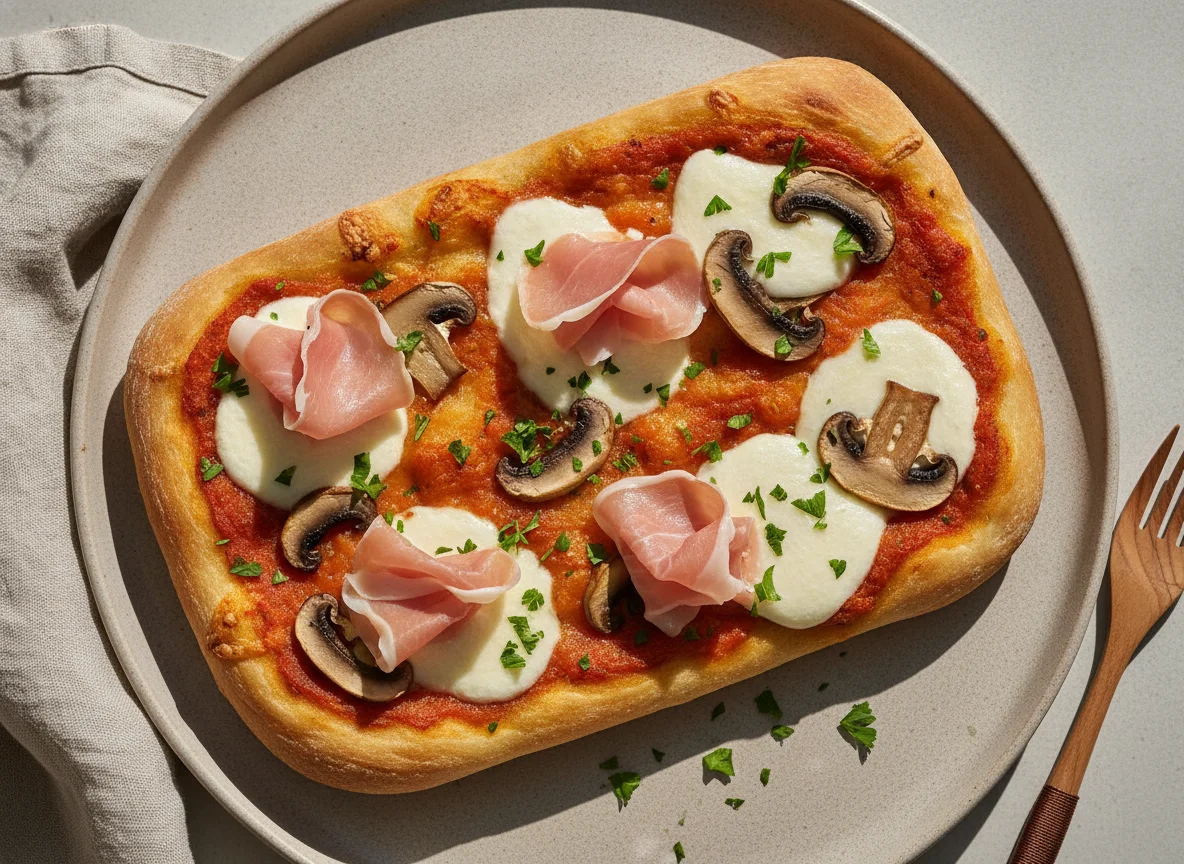 Focaccia mit Pilzen und Rohschinken photo