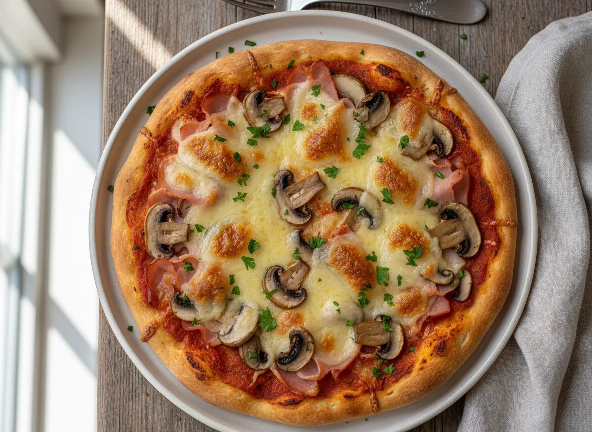 Focaccia mit Pilzen und Schinken photo