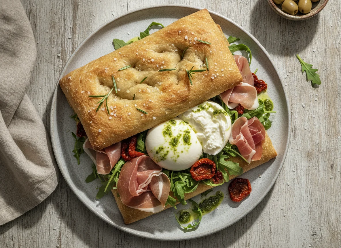 Focaccia mit Prosciutto, Rucola und Burrata photo