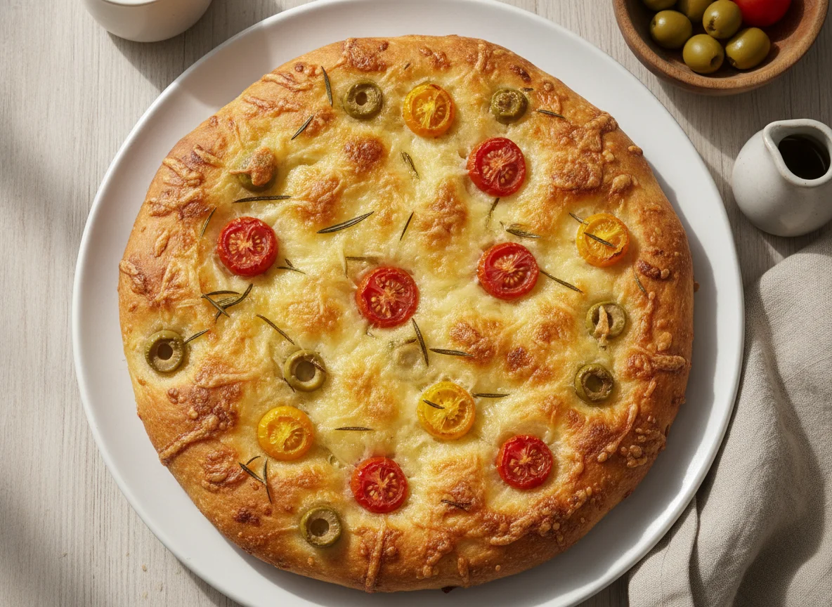 Focaccia mit Reibkäse, Oliven, Tomaten und Rosmarin photo