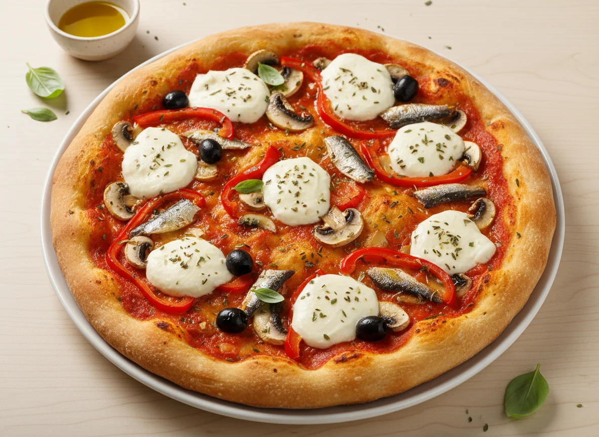 Focaccia mit Tomaten, Mozzarella und Pilzen photo