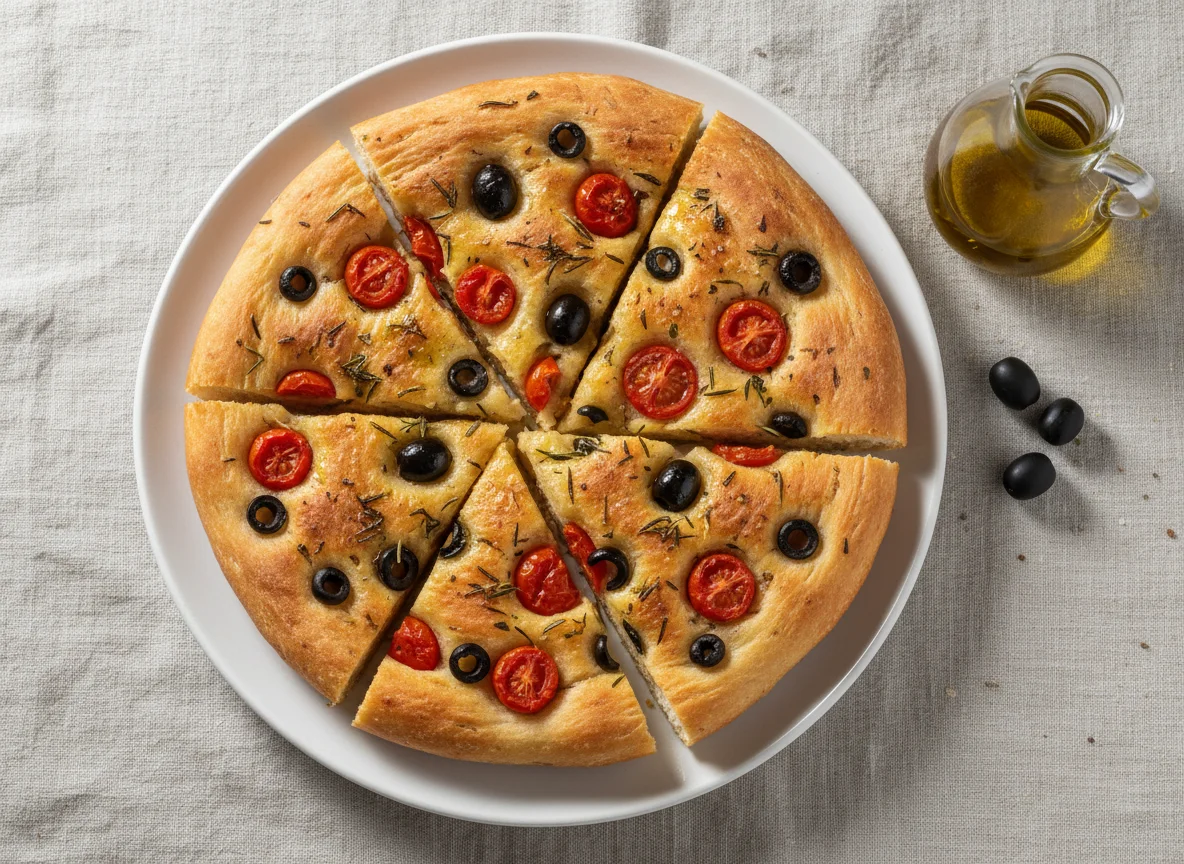 Focaccia mit Tomaten und Oliven photo