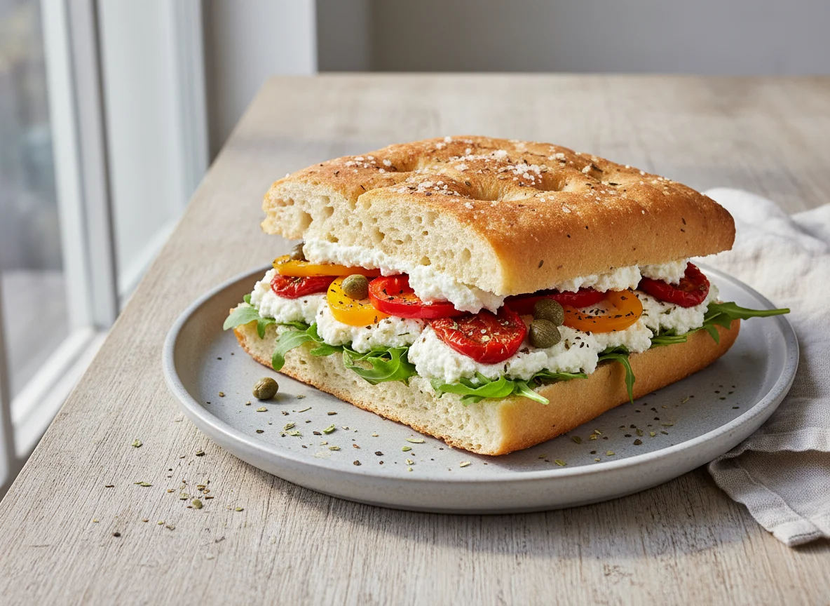 Focaccia Sandwich mit Gemüse und Frischkäse photo
