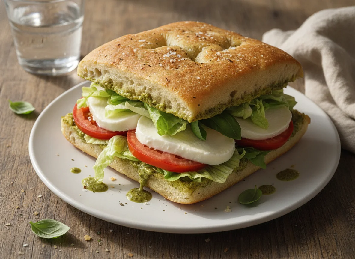 Focaccia Sandwich mit Mozzarella und Tomaten photo